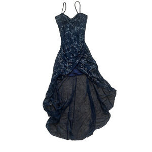 Y2K Asymmetric Hem Bodycon Dress Navy Blue Metalic Shimmer Sheer Medium Party